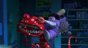 Boo attacks Randall and beats him up with a baseball bat, as he changes color with every whack.