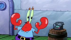 Mr. Krabs listening that a person named "Clay" (but in reality is Plankton) is framing him for stealing Neptune’s crown by thanking him again for selling it, and that is now in shell city.