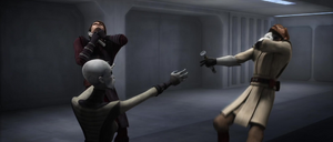 Ventress unleashed a wave of dark side energy, capturing both Skywalker and Kenobi in a Force choke.