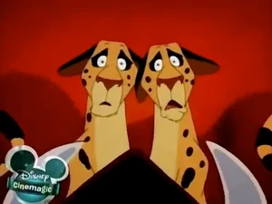 Cheetato and Cheetata being charged by an enraged Pumbaa for calling him a pig!