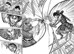 Ri Boku beginning his duel with Shin as they strike each other.