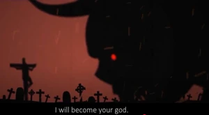 Satan approaching Jesus on a cross.