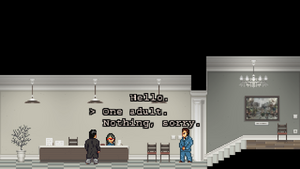 The protagonist talking to the museum's receptionist.