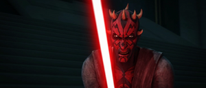 Darth Maul snarling at Sidious.