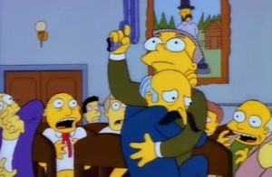Waylon Smithers pulling out a hook gun to escape along with "Mr. Snrub" from the angry crowd.