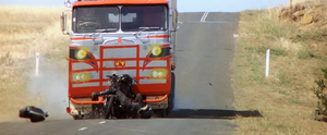 Toecutter is run over by a semi-trailer truck while fleeing on his motorbike