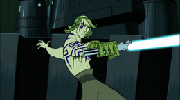 Skywalker cuts the rest of the cybernetic chestplates off with his lightsaber.