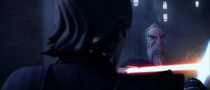 Both watch as Anakin and Dooku duel across the halls.