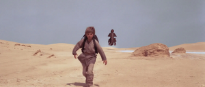 Maul rode across the Tatooine sand dunes on his Bloodfin, his personal vehicle of choice, towards the Queen's ship and saw a boy who was traveling with the Jedi