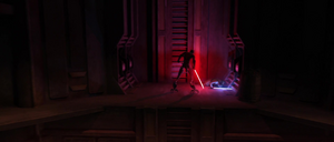 Obi-Wan lands at a different interior of the tanker with Maul following.