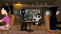 Mystery and Peter finally getting into a communication in a coffee shop while Doof and Perry are watching.