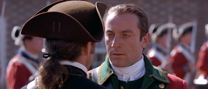 Tavington making a hostile exchange with Benjamin who promises to kill him in revenge for Thomas' death