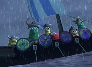 Olaf and the Vikings look in terror as a wave knocks over their boat.