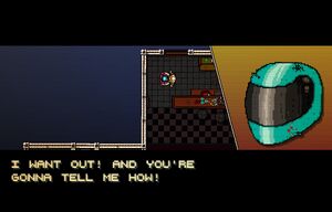 Biker interrogating Aubrey, demanding to know how to stop receiving phone calls.