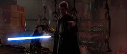 Skywalker throws wiring panels at the enemy fighters with the Force.