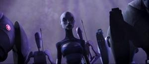 Before the Jedi could get far, Ventress arrived with several B2 super battle droids.