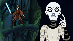 Skywalker swiftly followed, but then he lost sight of her and Ventress used the Force to snap the branch he was on.