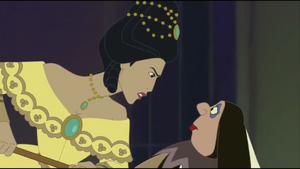 Pocahontas yelling Harlequin to stop, as he turns dreadful in fear.