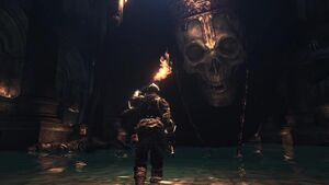 Promotional image showing Wolnir in the Profaned Capital where Yhorm the Giant is fought.