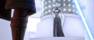 Ventress places the clone template on the side of her belt.