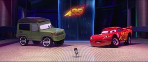 "Lightning McQueen!"- Axlerod introducing Lightning McQueen to the press.