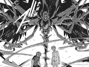 Ialda Baoth attacks Negi and Fate under a mix of her normal and true forms.