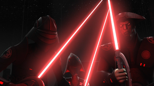 The Eighth Brother, the Seventh Sister, and the Fifth Brother looking at Darth Maul in surprise.