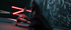 Maul tries to trip Sidious with a low sweep kick.