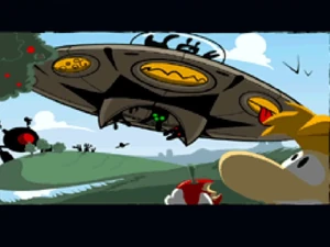 Colossus and the other Rabbids outnumbering Rayman.