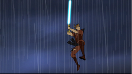 Skywalker leaps through the Yavin rain air.