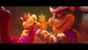 Bowser practicing his wedding proposal to Princess Peach with Kamek.
