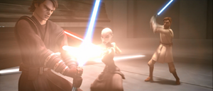 In spite of the fact that the Providence-class destroyer was failing and dangerously close to obliteration, the Jedi continued their duel with Ventress.