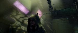 As a cloaked Ahsoka walks through the alley, the masked assailant twirls on a wire.