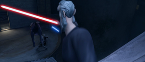 Dooku proceeded to push Anakin back onto the landing platform and faced the two Jedi.