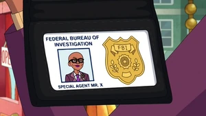 Mr. X showing Mrs. Boonchuy his badge.