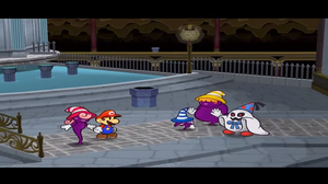 Mario and Vivian facing The Shadow Sirens and Doopliss outside the Riddle Tower.