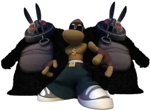 Promotional render of Rayman in his gangster costume with Sergueï and another Timid Rabbid behind him.