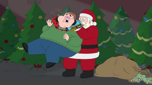 Santa chokes Dusty with a choo choo train.