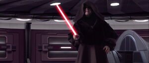 Sidious takes his lightsaber out to duel Master Yoda.