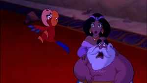 Iago presenting to the horrified Sultan and Jasmine Jafar's newfound powers after his master makes his second wish.