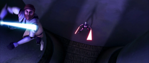 Continuing the duel, Ventress charged at Kenobi, and the Jedi Master used two pillars to jump onto an upper platform on the side of the room.