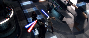 The Jedi charged at Dooku together, as Kenobi had originally planned three years earlier on Geonosis, with the Count retreating, on the defensive.