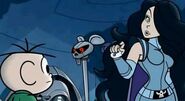 Aurora using her staff-gadget on Jimmy Five, in order to turn him into a mouse.