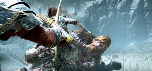 Modi being kicked off the cliff by Atreus, falling to his well-deserved death.