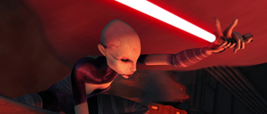 The two Jedi cut through the debris that the Separatist agent Force pushed at them.