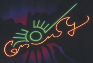 A neon light sign of a different logo of the Dead Moon Circus.