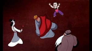 All three disguises surrounding Tang Sanzang as the deception is revealed.