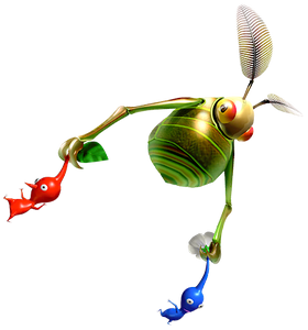 Swooping Snitchbug capturing two Pikmin.