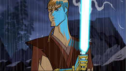 Anakin holds his sizzling lightsaber readying to follow Ventress.