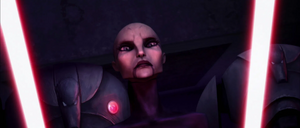 Ventress brandishes her lightsabers when Kenobi insults her.